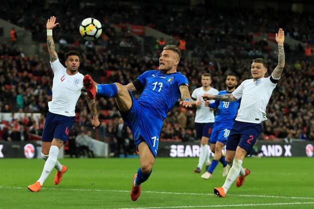 27th March 2018, Wembley Stadium, London, England; International Football Friendly, England versus Italy; Ciro Immobile of Italy cannot keep the ball in play as England call for the decision  ActionPlus12006118