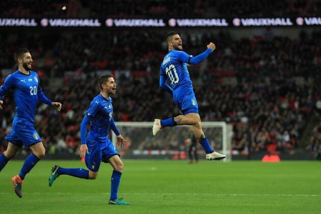 27th March 2018, Wembley Stadium, London, England; International Football Friendly, England versus Italy; Lorenzo Insigne of Italy celebrates after scoring a penalty making it 1-1 in the 86th minute after VAR  ActionPlus12006119