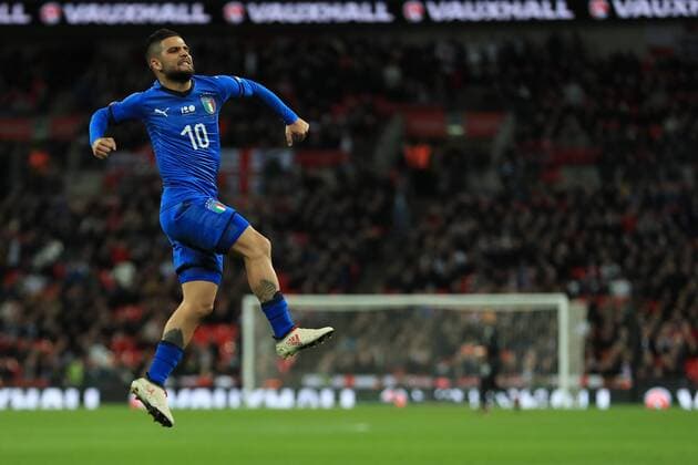 27th March 2018, Wembley Stadium, London, England; International Football Friendly, England versus Italy; Lorenzo Insigne of Italy celebrates after scoring a penalty making it 1-1 in the 86th minute after VAR  ActionPlus12006120