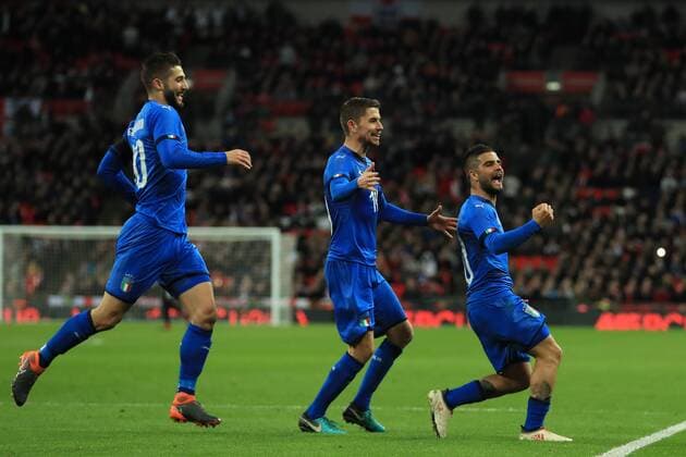27th March 2018, Wembley Stadium, London, England; International Football Friendly, England versus Italy; Lorenzo Insigne of Italy celebrates after he scores a penalty making it 1-1 in the 86th minute after VAR  ActionPlus12006123
