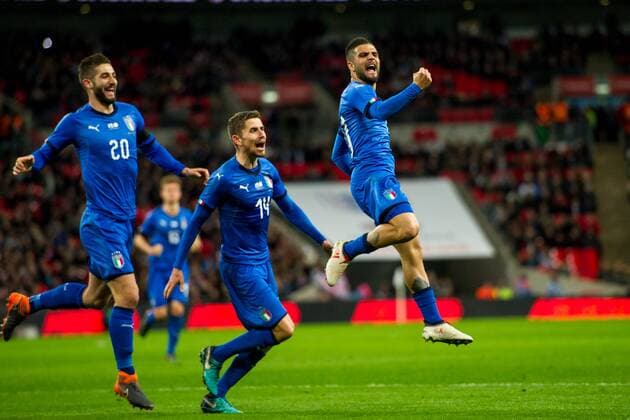 Lorenzo Insigne of Italy celebrates scoring the equaliser during the International Friendly Länderspiel match between England and Italy at Wembley Stadium, London, England on 27 March 2018. Copyright: xSalvioxCalabresex 19380006
