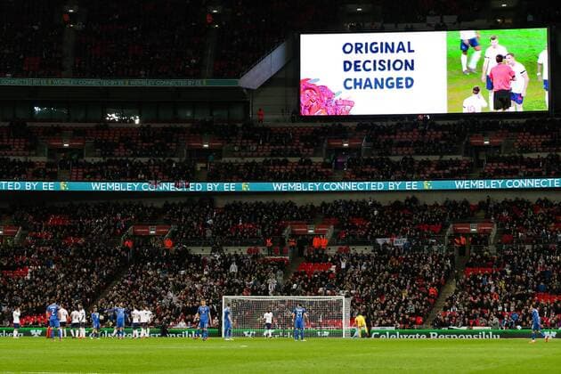 VAR is used to give a penalty by Referee Deniz Aytekin during the International Friendly Länderspiel match at Wembley Stadium, London. Picture date 27th March 2018. Picture credit should read: Charlie Forgham-Bailey Sportimage EDITORIAL USE ONLY. No use with unauthorised audio, video, data, fixture lists, club league logos or live services. Online in-match use limited to 120 images, no video emulation. No use in betting, games or single club league player publications.