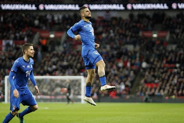 Lorenzo Insigne of Italy scores to level the match during the International Friendly Länderspiel match between England and Italy at Wembley Stadium, London, England on 27 March 2018. Copyright: xCarltonxMyriex 19390026