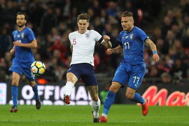 England v Italy International Friendly L?nderspiel John Stones of England and Ciro Immobile of Italy in action during the International Friendly match at Wembley Stadium, London Content Not Available For UK Newspapers Copyright: xPaulxChestertonx FIL-11556-0138