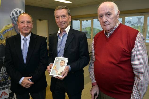 - HERENTALS, BELGIUM: Former Belgian cyclist Walter Godefroot, Former Belgian cyclist Rik Van Looy and Willy Schroeders pictured during the presentation of the book Rik Van Looy 80 on Belgian cycling champion Rik Van Looy, Tuesday 05 November 2013, in Herentals. ERICxLALMAND  x50084392x