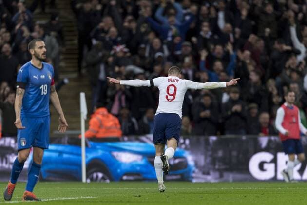 England s Jamie Vardy celebrates after scoring his team s first goal during the International Friendly Länderspiel match between England 1-1 Italy at Wembley Stadium on March 27, 2017 in London, England. Noxthirdxpartyxsales  (75072086)