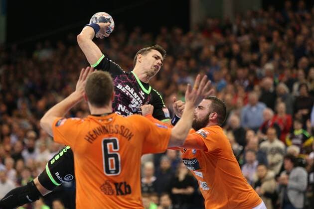 SG Flensburg Handewitt IFK Kristianstad EHF Champions League Flensburg 28 03 18 Flensburg 28 03 18 Sport Handball VELUX EHF Champions League Season 2017 2018 Eighth finals SG Flensburg Handewitt IFK Kristianstad Rasmus Lauge Schmidt SG Flensburg Handewitt 25 Philip Henningsson IFK Kristianstad 06 Mario Lipovac IFK Kristianstad 04 xmmkx
