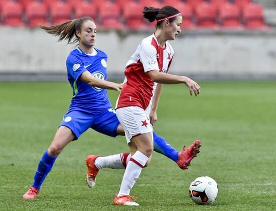 Tessa Wullaert of Wolfsburg, left, and Eva Bartonova of Slavia in action during the UEFA Women s Champions League quarterfinal match SK Slavia Praha vs VfL Wolfsburg, in Prague, Czech Republic, March 28, 2018. (CTKxPhoto VitxSimanek) CTKPhotoP201803280987001  VIS 003