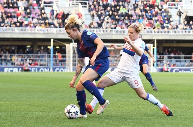 BARCELONA, 28-03-2018. UEFA Women s Champions League 2017 2018. 1 4. FC Barcelona Barca - Olympique Lyonnais. Maria Leon of FC Barcelona and Eugenie Le Sommer of Olympique Lyonnais. Barcelona - Olympique Lyonnais (UEFA Women s Champions League)  x2082598x