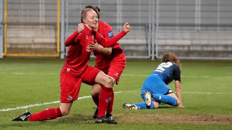 goalkeeper Meike Messmer Meike Messmer Cologne 20 Kristina Bartsch Cologne 6 celebrate their goal 0 1 Jubilee Torjubel Goalkeeping celebrate the goal goal celebration Cheering over the goal optimistic Action Action Soccer Allianz Women Bundesliga TSG 1899 Hoffenheim 1 FC Köln xozx