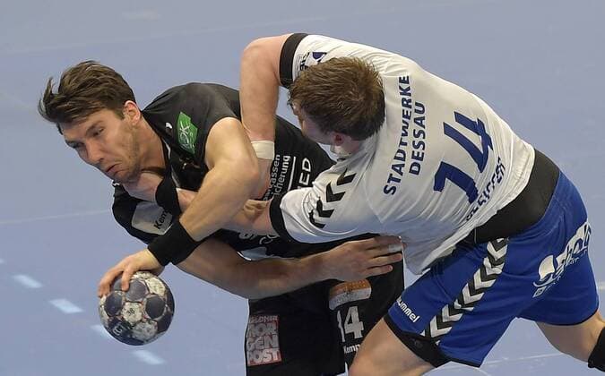 29 03 2018 Handball 2 Bundesliga HC Elbflorenz Dresden Dessau Rosslauer HV 24 21 Dresdens Sebastian Gress and Dessau Florian Pfeifer c