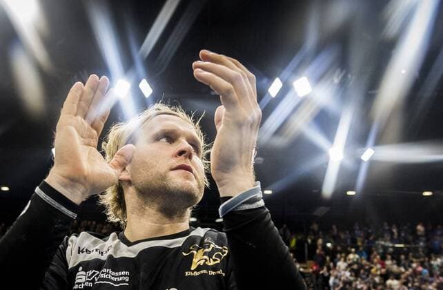 Handball Men 2 Bundesliga Season 2017 2018 HC Elbflorenz Dessau Rosslauer HV Thursday 29 03 2018 Ball GamesArena Dresden Dresden Rene Boese cheering for victory RM001