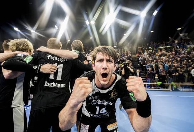 Handball Men 2 Bundesliga Season 2017 2018 HC Elbflorenz Dessau Rosslauer HV Thursday 29 03 2018 Ball GamesArena Dresden Dresdens Gabriel De Santis celebrates after the victory RM001