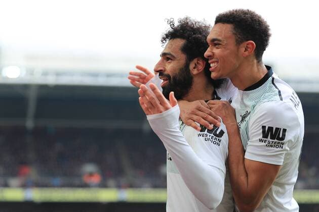 31st March 2018, Selhurst Park, London, England; EPL Premier League football, Crystal Palace versus Liverpool; Mohamed Salah of Liverpool celebrates with Trent Alexander-Arnold after scoring as he makes it 1-2  ActionPlus12006948