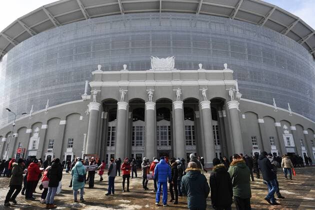 YEKATERINBURG, RUSSIA - APRIL 1, 2018: Fans seen outside Yekaterinburg Arena Stadium before the start of the 2017 18 Russian Football Premier League Round 24 football match between Ural Yekaterinburg and Rubin Kazan. Donat Sorokin TASS  TS07A2C1