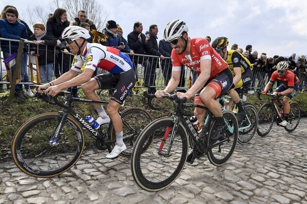 Czech Zdenek Stybar of Quick-Step Floors and German John Degenkolb of Trek-Segafredo pictured in action during the 102nd edition of the Ronde van Vlaanderen - Tour des Flandres - Tour of Flanders one day cycling race, 264,7km from Antwerp to Oudenaarde, Sunday 01 April 2018. DIRKxWAEM  x05322775x