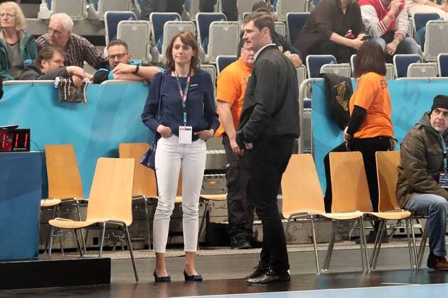 v left Jennifer Kettemann CEO RNL Henning Fritz former goalkeeper expert at sky in talks before the match Handball Champions League Rhein Neckar Löwen PGE Vive Kielce xozx