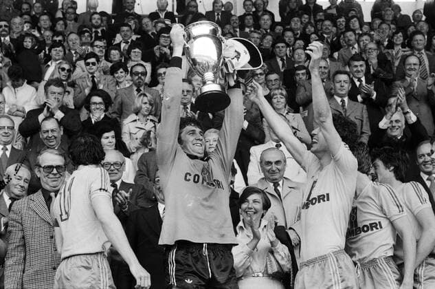 - BRUSSELS, BELGIUM (FILE): This file picture dated 21 May 1978 shows the KSK Beveren Team and their goalkeeper Jean-Marie Pfaff (C, holding the cup) after they won the Belgium Cup Final game between SC Charleroi and KSK Beveren at Heizel Heysel Stadium in Brussels with 2-0. ARCHIVES BELGAxARCHIVES  x32672712x