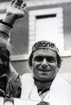 - LIEGE, BELGIUM: (FILE) This file picture dated 20 April 1980 shows French Bernard Hinault celebrating on the podium after winning the Liege-Bastogne-Liege cycling race. ARCHIVES BELGAxARCHIVES  x33065549x