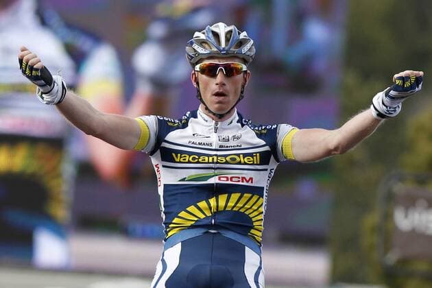 20120308 - RODEZ, FRANCE: Dutch Lieuwe Westra of Vacansoleil-DMC celebrates after winning the fifth stage of the Paris-Nice cycling race, 178 km from Onet-le-Chateau to Mende,, Thursday 08 March 2012 in France. KRISTOFxVANxACCOM  x33739974x