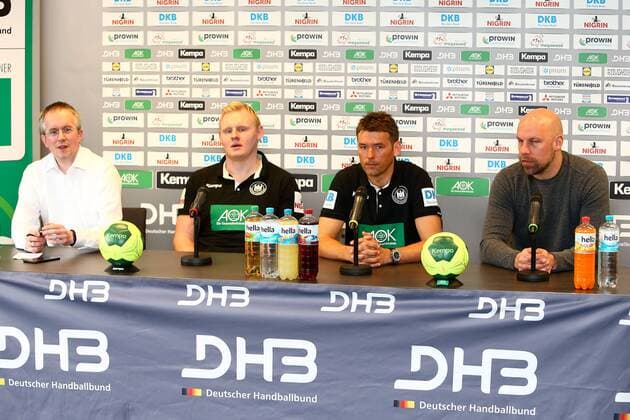 DHB Press Conference Handball Leipzig 03 04 2018 Lindner Hotel Press Conference DHB Men National Team before the international match against Serbia In the picture v l press spokesman Tim Oliver Kalle Patrick Wiencek National coach Christian Prokopund Sport Director Axel Kromer
