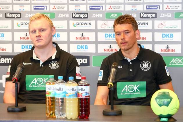 DHB Press Conference Handball Leipzig 03 04 2018 Lindner Hotel Press Conference DHB Men National Team before the international match against Serbia In the picture v l Patrick Wiencek and national coach Christian Prokop