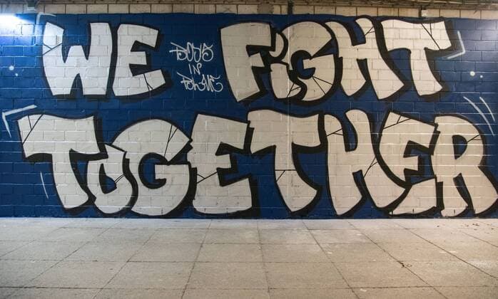 02 04 2018 xfux Football 2 Bundesliga SV Darmstadt 98 Fortuna Duesseldorf emporer emonline deloka v l Graffiti We Fight Together under the main stands at the Darmstadt cabin
