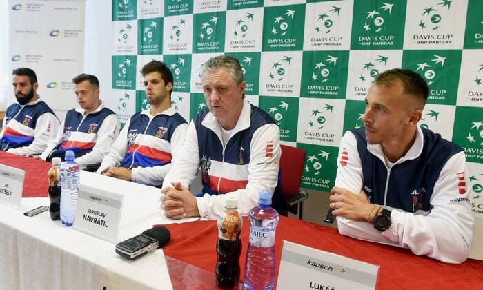 Czech tennis players L-R Vaclav Safranek, Adam Pavlasek, Jiri Vesely, Jaroslav Navratil (not playing captain) and Lukas Rosol attend the press conference PK Pressekonferenz prior to the Davis Cup match Czech Republic vs Israel, in Ostrava, Czech Republic, on April 3, 2018. (CTKxPhoto JaroslavxOzana) CTKPhotoP201804030403401  JAO 03