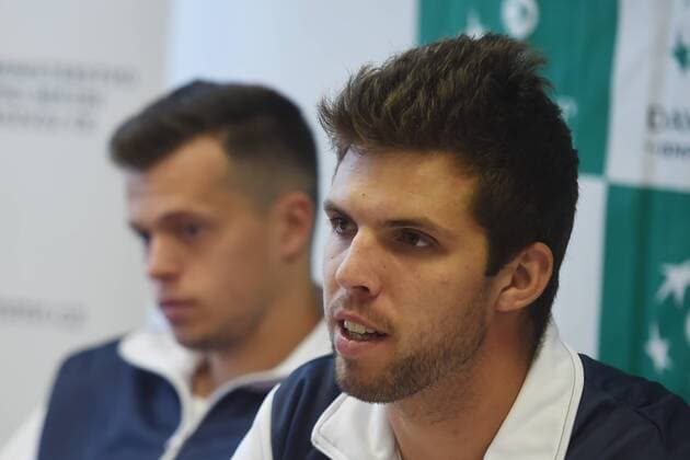 Czech tennis players L-R Adam Pavlasek and Jiri Vesely attend the press conference PK Pressekonferenz prior to the Davis Cup match Czech Republic vs Israel, in Ostrava, Czech Republic, on April 3, 2018. (CTKxPhoto JaroslavxOzana) CTKPhotoP201804030412601  JAO 05