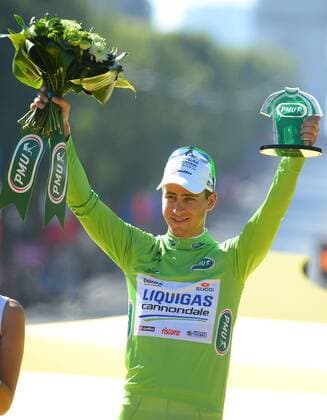- PARIS, FRANCE: Slovakian Peter Sagan of Liquigas-Cannondale celebrates on the podium in the green jersey of leader in the sprint ranking after the 20th and last stage of the 99th edition of the Tour de France cycling race, 130km from Rambouillet to the Champs-Elysees, Paris, France, Sunday 22 July 2012. NICOLASxBOUVY  x36718264x