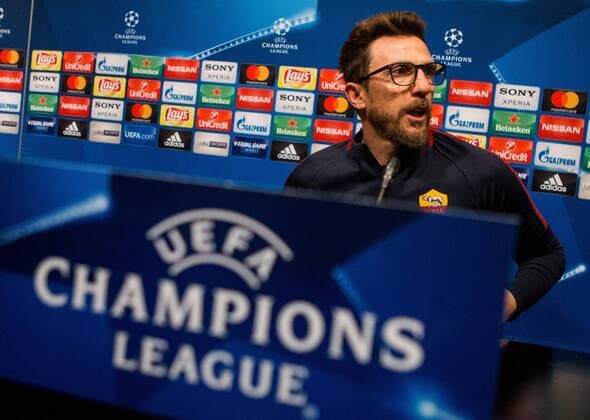 AS Roma s coach Eusebio di Francesco delivers a press conference PK Pressekonferenz at the Camp Nou stadium in Barcelona, Spain, 03 April 2018. AS Roma will face FC Barcelona Barca tomorrow for the UEFA Champions League quarter-final. AS Roma s press conference !ACHTUNG: NUR REDAKTIONELLE NUTZUNG!  Copyright: xEnricxFontcubertax SJD04 20180403-636583800055064523