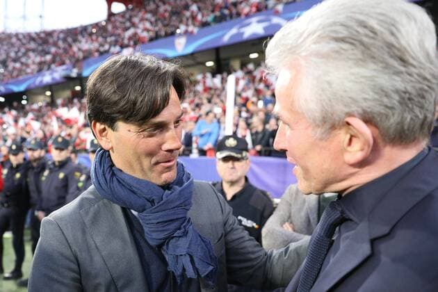 Head Coach Vincenzo Montella Sevilla welcome boss Jupp Heynckes FC Bayern Muenchen FC Sevilla vs Bayern Munich Muenchen Quarter-Finals Champions League 03 04 2018 Sevilla Sevilla Spain Copyright: xkolbert-press ChristianxKolbertx
