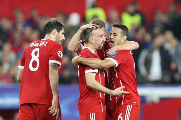 l Toriubel by Javi Martinez 8 FC Bayern Muenchen Franck Ribery 7 FC Bayern Muenchen Thiago Alcantara 6 FC Bayern Muenchen to equalize 1 1 Sevilla FC vs Bayern Munich Muenchen Quarterfinal Champions League 03 04 2018 Sevilla Sevilla Spain Copyright: xkolbert-press ChristianxKolbertx