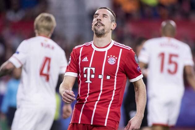 April 3, 2018 - Seville, Spain - FRANCK RIBERY of Bayern laments after missing a chance at goal during the UEFA Champions League Quarter-finals (first leg) match between Sevilla FC and FC Bayern Munchen at Estadio Ramon Sanchez Pizjuan Soccer 2018 - Sevilla FC vs FC Bayern Munchen - ZUMAa142 20180403_zap_a142_003 Copyright: xDanielxGonzalezxAcunax