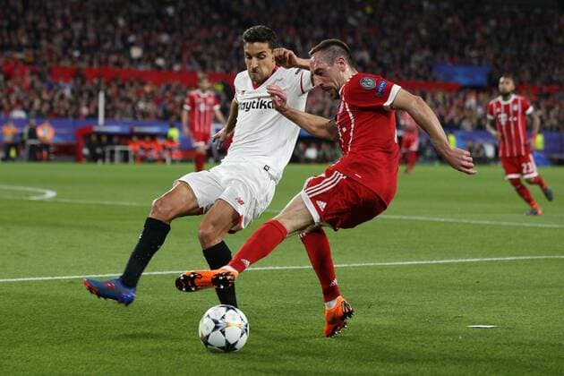 In action with Jesus Navas 16 Sevilla FC and Franck Ribery 7 Bayern Munich Muenchen FC Sevilla vs Bayern Munich Muenchen Quarter-Finals Champions League 03 04 2018 Sevilla Sevilla Spain Copyright: xkolbert-press ChristianxKolbertx