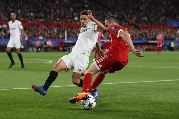 In action with Jesus Navas 16 Sevilla FC and Franck Ribery 7 Bayern Munich Muenchen FC Sevilla vs Bayern Munich Muenchen Quarter-Finals Champions League 03 04 2018 Sevilla Sevilla Spain Copyright: xkolbert-press ChristianxKolbertx