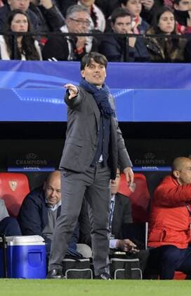 03 04 2018 Football UEFA Champions League 2017 2018 Quarter Finals FC Sevilla FC Bayern Munich at the Ramon Sanchez Pizjuan Sevilla Spain Coach Vincenzo Montella Sevilla in Rage