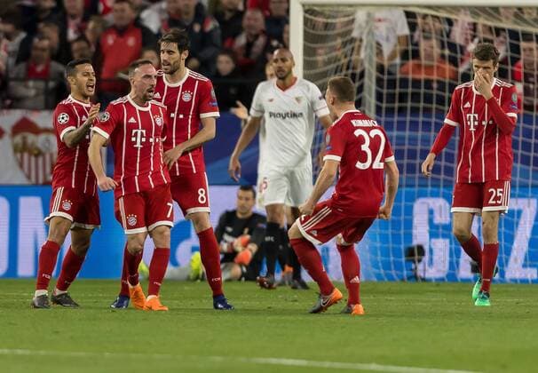 Spain Sevilla 03 04 2018 UEFA Champions League 2017 18 Season Quarter finals First leg Sevilla FC Bayern Muenchen Bayern celebrate their 1