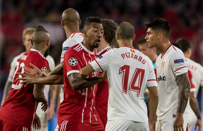 Spain Sevilla 03 04 2018 UEFA Champions League 2017 18 Season Quarter finals First leg Sevilla FC Bayern Munich Jerome Boateng FCB Guido Pizarro FCs clash DeFodi048