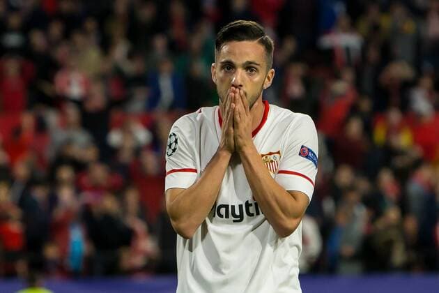 Spain Sevilla 03 04 2018 UEFA Champions League 2017 18 Season Quarter finals First leg Sevilla FC Bayern Munich Pablo Sarabia FCS gestures gestures DeFodi048
