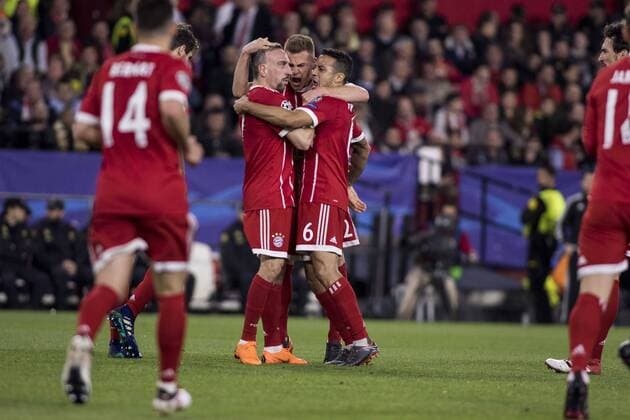 April 3, 2018 - Seville, Spain - FRANCK RIBERY (L ) of Bayern celebrates after scoring 1-1 during the UEFA Champions League Quarter-finals (first leg) match between Sevilla FC and FC Bayern Munchen at Estadio Ramon Sanchez Pizjuan Soccer 2018 - Sevilla FC vs FC Bayern Munchen - ZUMAa142 20180403_zap_a142_011 Copyright: xDanielxGonzalezxAcunax