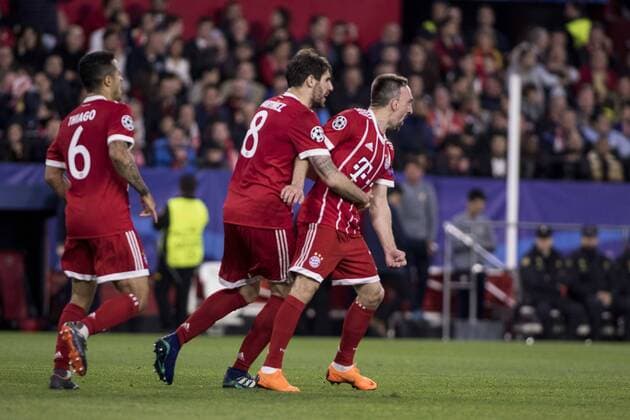 April 3, 2018 - Seville, Spain - FRANCK RIBERY (R ) of Bayern celebrates after scoring 1-1 during the UEFA Champions League Quarter-finals (first leg) match between Sevilla FC and FC Bayern Munchen at Estadio Ramon Sanchez Pizjuan Soccer 2018 - Sevilla FC vs FC Bayern Munchen - ZUMAa142 20180403_zap_a142_012 Copyright: xDanielxGonzalezxAcunax