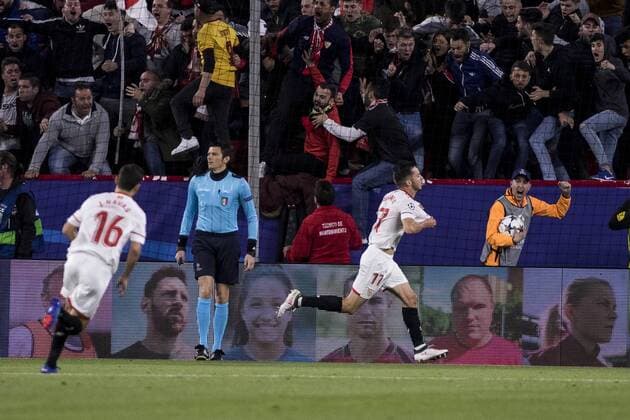 April 3, 2018 - Seville, Spain - PABLO SARABIA of Sevilla (R ) celebrates after scoring 1-0 during the UEFA Champions League Quarter-finals (first leg) match between Sevilla FC and FC Bayern Munchen at Estadio Ramon Sanchez Pizjuan Soccer 2018 - Sevilla FC vs FC Bayern Munchen - ZUMAa142 20180403_zap_a142_018 Copyright: xDanielxGonzalezxAcunax
