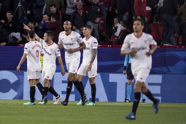 April 3, 2018 - Seville, Spain - PABLO SARABIA of Sevilla (R ) celebrates after scoring 1-0 during the UEFA Champions League Quarter-finals (first leg) match between Sevilla FC and FC Bayern Munchen at Estadio Ramon Sanchez Pizjuan Soccer 2018 - Sevilla FC vs FC Bayern Munchen - ZUMAa142 20180403_zap_a142_020 Copyright: xDanielxGonzalezxAcunax