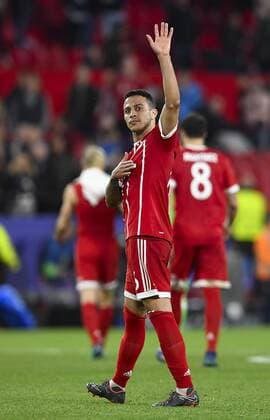 Sevilla; SPAIN-APRIL 03: Thiago Alcantara of Bayern Munich celebrates the goal (1-2) during the Champions League match between Sevilla FC v Bayern Munich at the Sanchez Pizjuan stadium on April 03th; 2018 in Sevilla Spain (PHOTO by Cristobal Duenas  xx xx
