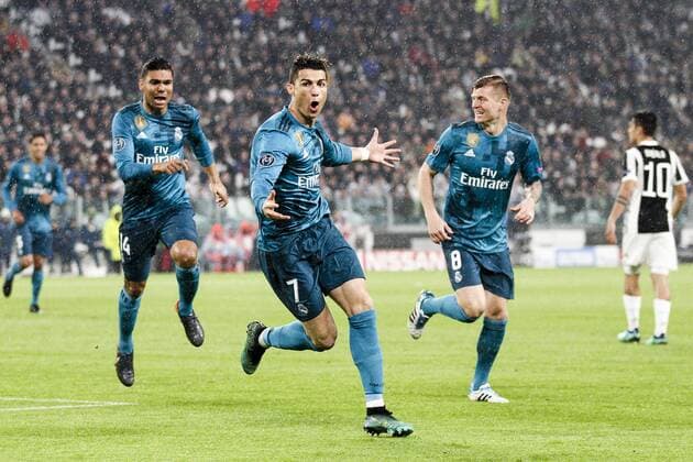 April 3, 2018 - Turin, Italy - Real Madrid forward Cristiano Ronaldo (7) celebrates after scoring his goal during the Uefa Champions League Round of 16 football match JUVENTUS - REAL MADRID on 03 04 2018 at the Allianz Stadium in Turin, Italy. Juventus v Real Madrid - UEFA Champions League Quarter Final Leg One  - ZUMAn230 20180403_zaa_n230_437 Copyright: xMatteoxBottanellix