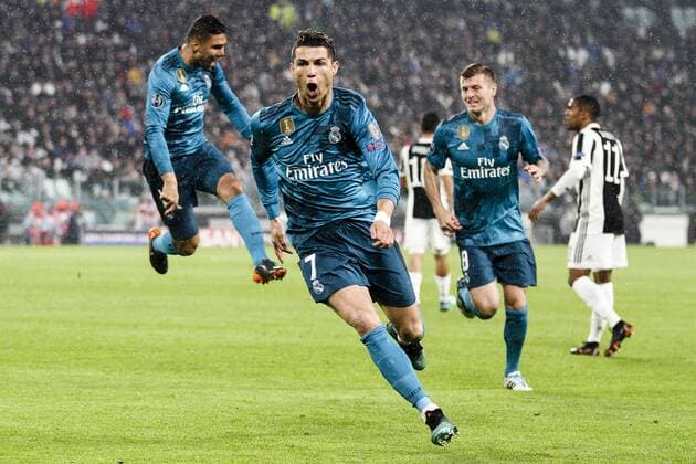 April 3, 2018 - Turin, Italy - Real Madrid forward Cristiano Ronaldo (7) celebrates after scoring his goal during the Uefa Champions League Round of 16 football match JUVENTUS - REAL MADRID on 03 04 2018 at the Allianz Stadium in Turin, Italy. Juventus v Real Madrid - UEFA Champions League Quarter Final Leg One  - ZUMAn230 20180403_zaa_n230_444 Copyright: xMatteoxBottanellix