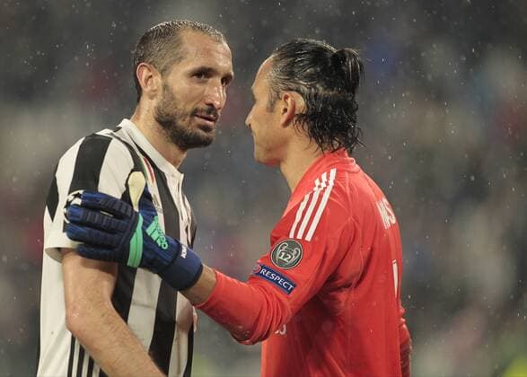 April 3, 2018 - Turin, Italy - Giorgio Chiellini and Keylor Navas during the UEFA Champions League quarter-final first leg football match between Juventus and Real Madrid at the Allianz Stadium in Turin on April 3, 2018. Juventus v Real Madrid - UEFA Champions League Quarter Final Leg One  - ZUMAn230 20180403_zaa_n230_506 Copyright: xLorisxRosellix