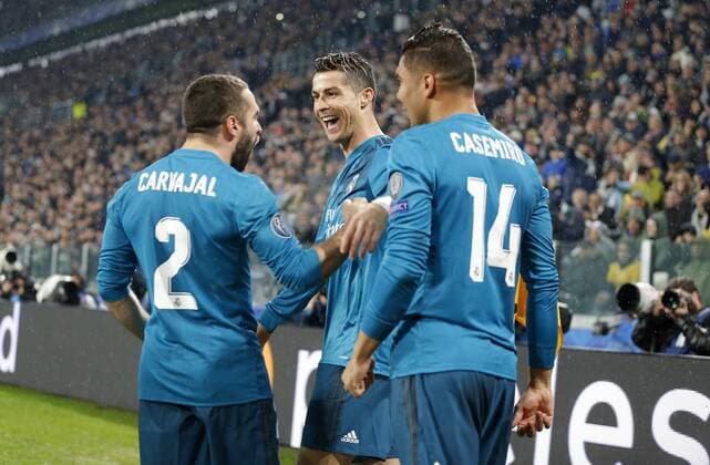 Partido de ida de cuartos de final de la Liga de Campeones entre la Juventus y el Real Madrid. En la imagen, celebracion de Cristiano tras marcar. Champions League quarterfinals first leg match between Juventus and Real Madrid. In this picture, Cristiano celebrates after scoring. 