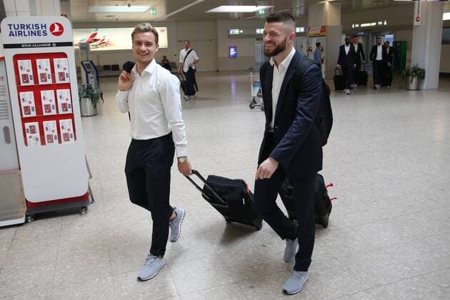 SOCCER - EL, Lazio vs RBS SALZBURG,AUSTRIA,04.APR.18 - SOCCER - UEFA Europa League, quarterfinal, SS Lazio vs Red Bull Salzburg, departure from Salzburg airport. Image shows Fredrik Gulbrandsen and Valon Berisha (RBS). GEPAxpictures xMathiasxMandl
